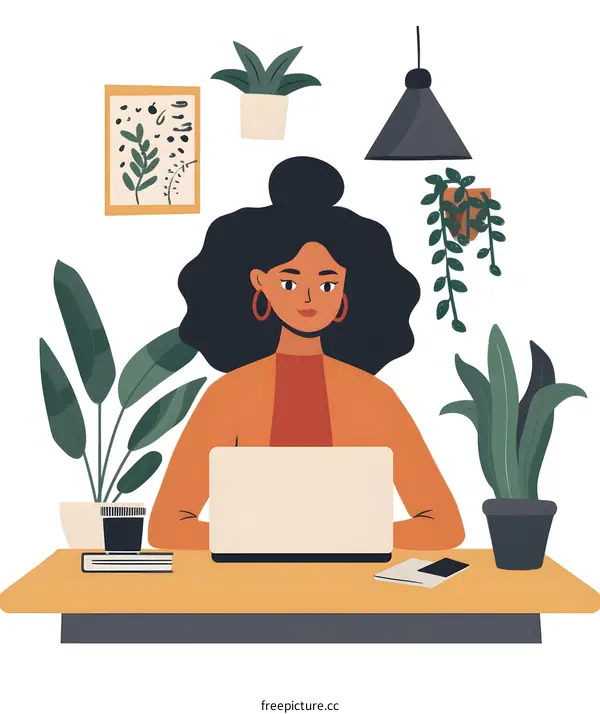 Woman Working on Laptop at Home Office with Plants