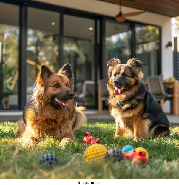 Two happy dogs lying on the grass in the backyard