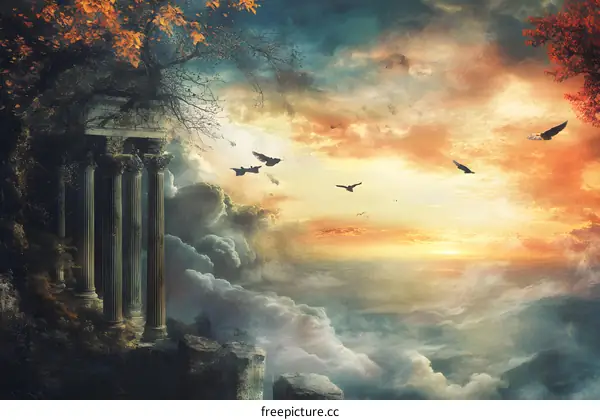 Fantasy Sunset with Ruins and Flying Birds
