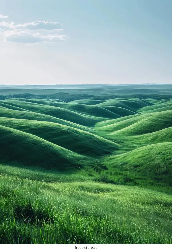 Green rolling hills under perfect blue sky with puffy clouds