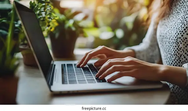 Woman Working on Laptop in Home Office Setting