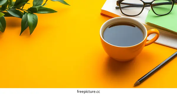 Yellow Background With Green Leaves And Coffee Cup