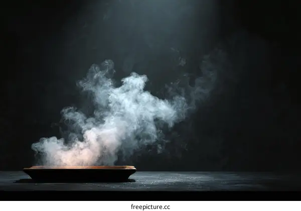 Abstract Smoke Studio Scene with Empty Wooden Tray