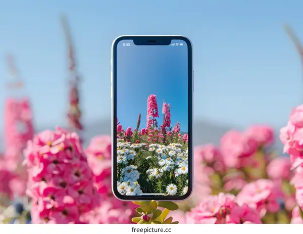 Close Up of a Smartphone Displaying a Field of Flowers