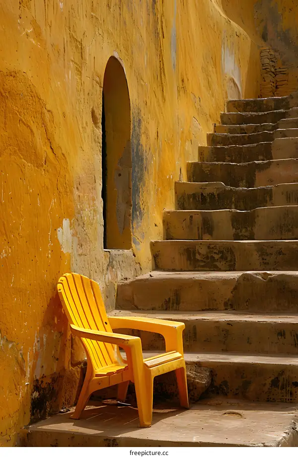 Yellow Chair on Steps Near an Old Wall and Archway