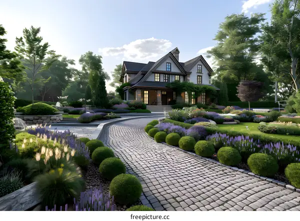 Luxury modern house with beautiful landscape and flowers