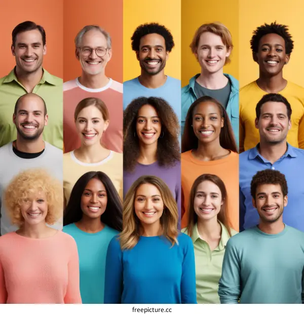 A diverse group of people of different ethnicities and ages are smiling.