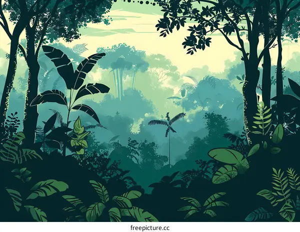 Green Lush Tropical Rainforest Jungle Landscape Illustration