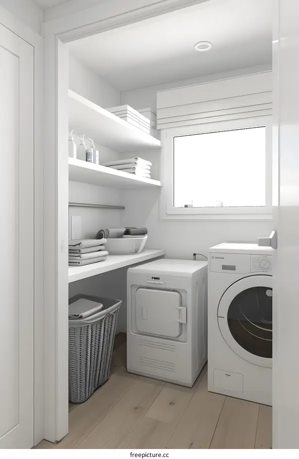 A rendering of a laundry room with a washer, dryer, and shelves.
