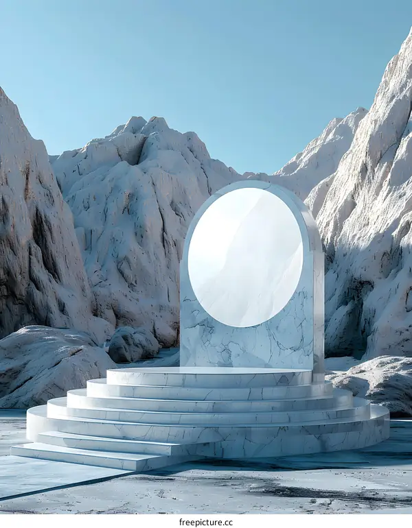 Marble Steps and Circular Window in Mountain Landscape