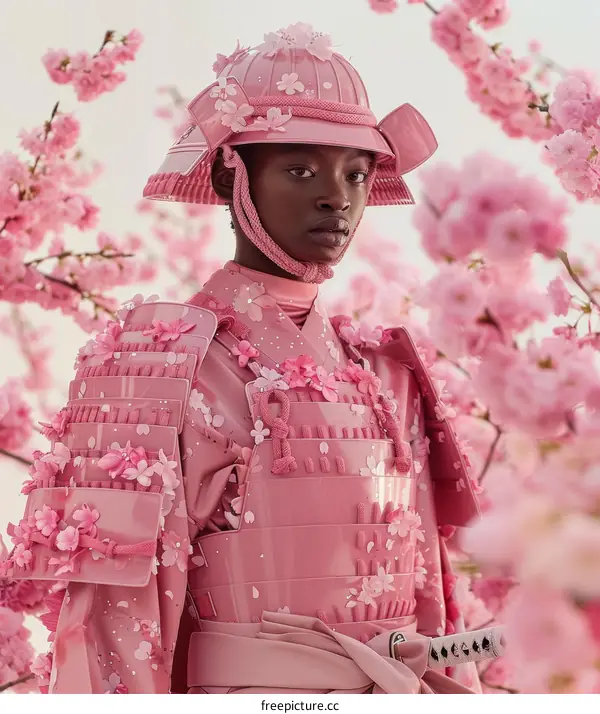 Black Woman in Pink Samurai Armor Amidst Cherry Blossoms