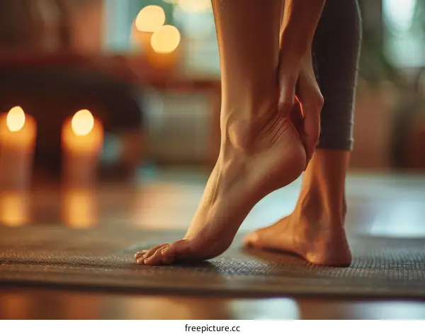 Close-up of a woman doing yoga on a mat at home