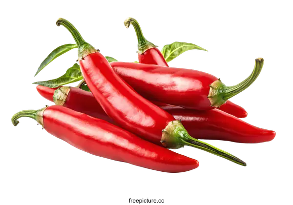 [Transparent Background PNG]Group of Red Chili Peppers with Green Stems