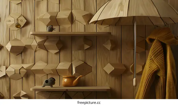 Wooden Wall Decor with Geometric Shapes and a Wooden Umbrella