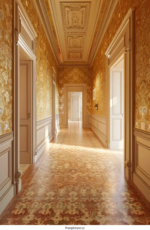 Golden Interior Hallway With Intricate Patterned Floor
