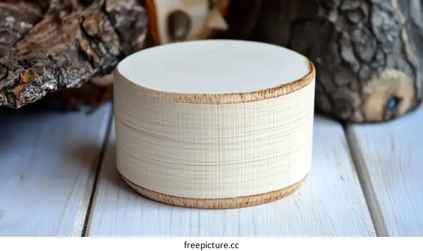 Light Beige Wooden Round Decorative Box on White Wooden Background