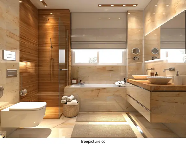 Bathroom interior with beige marble tiles