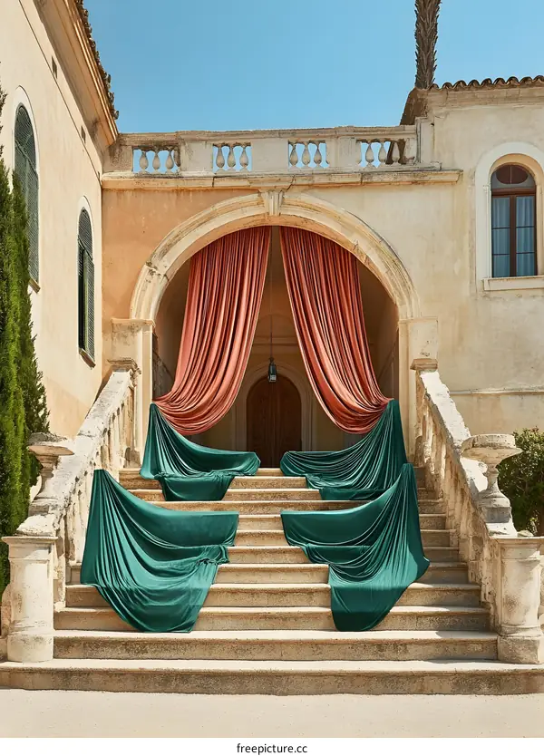 Old Stone Steps with Green and Red Fabric Drapery