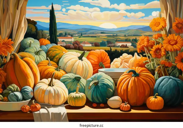 A colorful still life painting of pumpkins and gourds on a table with a rural landscape in the background