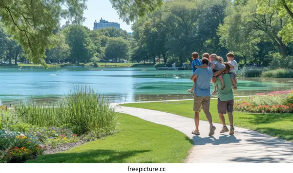 A family is walking along a park path next to a lake on a sunny day
