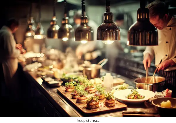 Professional Chefs Preparing Delicious Dishes in a Busy Restaurant Kitchen