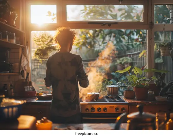 Woman cooking in a kitchen with lots of plants
