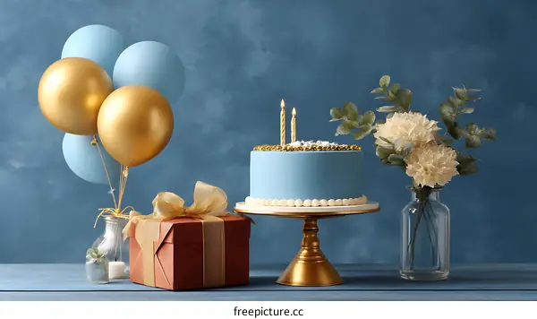 Birthday Celebration Scene with Cake and Balloons