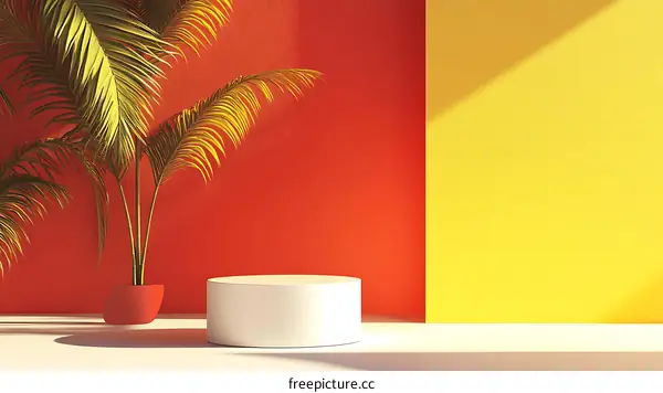 Minimalist Tropical Product Display Mockup With White Cylinder Pedestal, Red And Yellow Background, Palm Tree