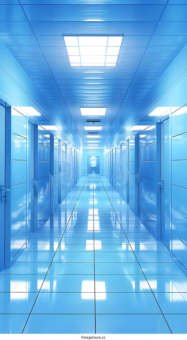 Blue Tiled Corridor With Doors and Lights