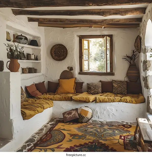 A cozy living room with a mix of vintage and modern furniture and decor