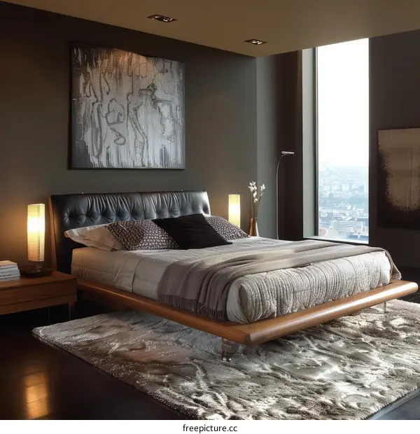 Modern Bedroom with Dark Walls and Panoramic City Views