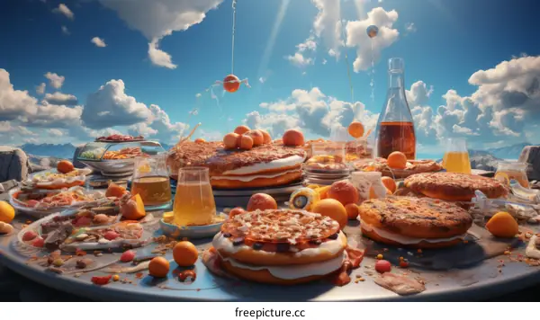 Feast in the Mountains: A Table Full of Food and Drinks with a Stunning Sky