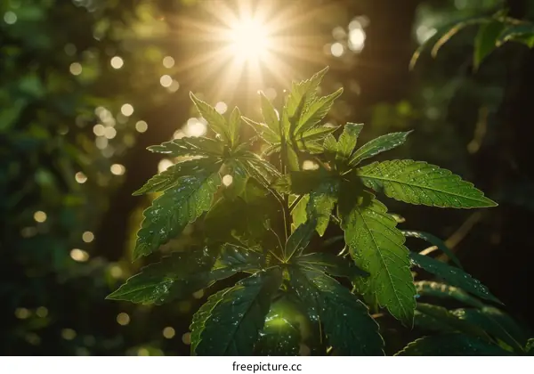 Close-up of cannabis leaves with water droplets under sunlight
