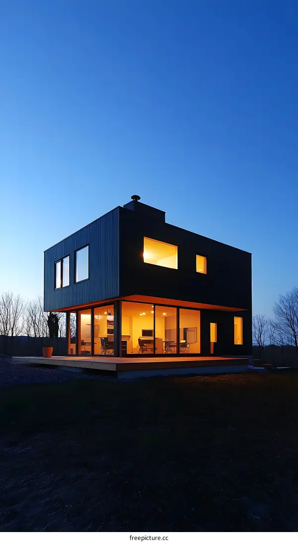 Modern Black House with Large Windows at Dusk