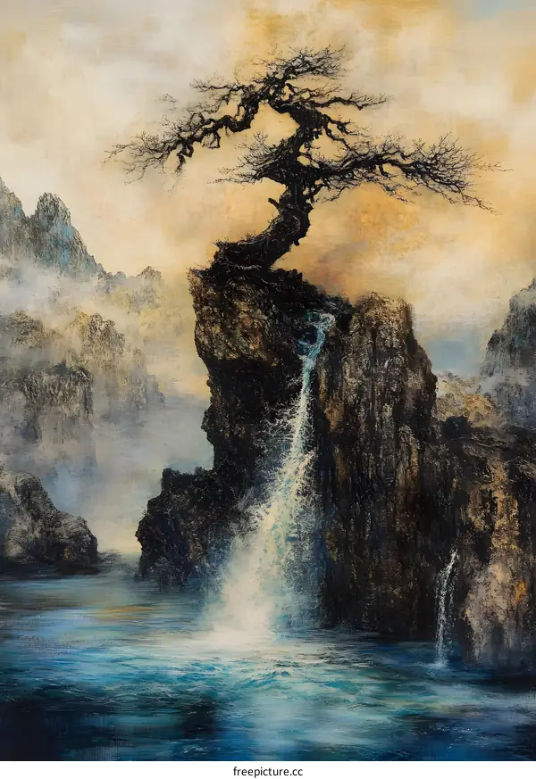 Waterfall and Mountain Landscape Painting