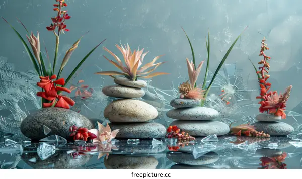 Stones and flowers composition on a reflective surface with broken glass