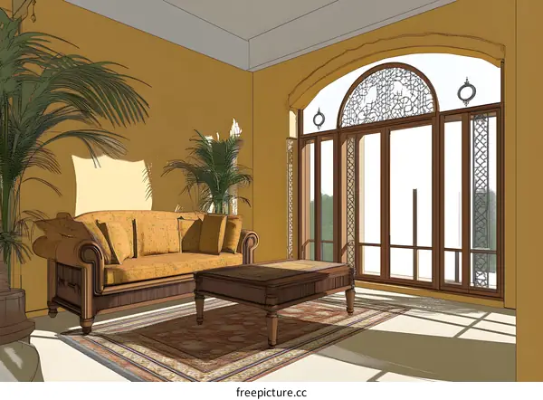 Living Room Interior Design with Arched Window and Sofa