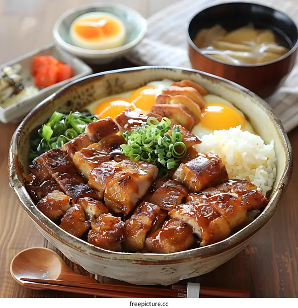 Japanese Pork and Egg Rice Bowl with Side Dishes