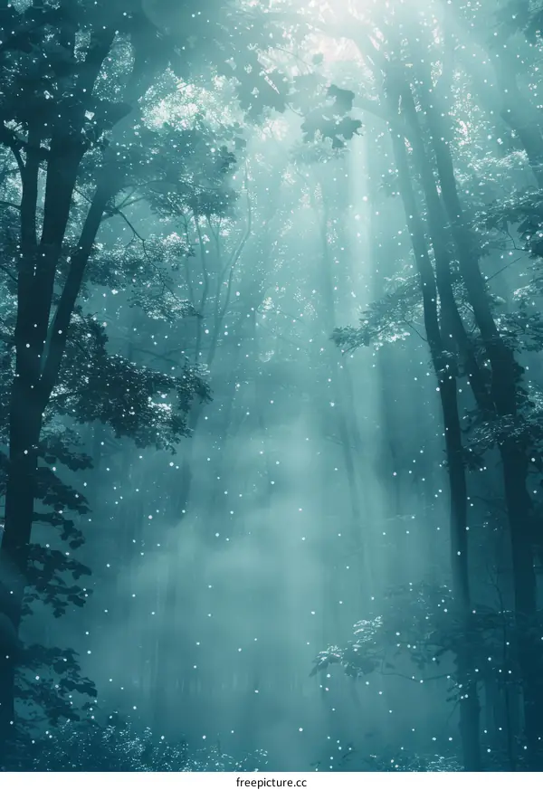 Enchanted Foggy Forest with Blue Light Rays