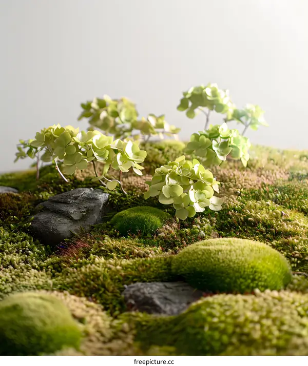 Green Moss and Small Plants in a Pot