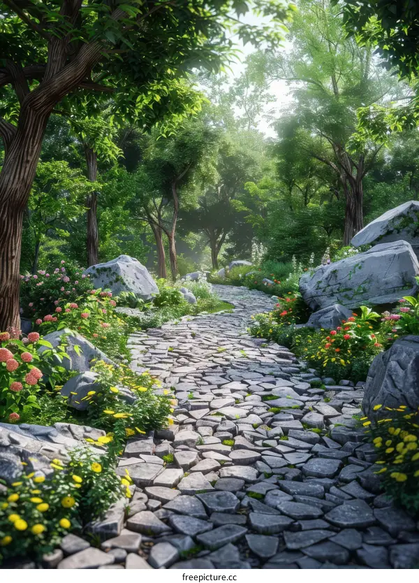 A Winding Stone Path in a Lush Green Forest