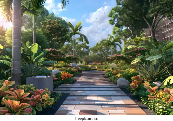 Tropical Garden Pathway with Lush Greenery and Palm Trees