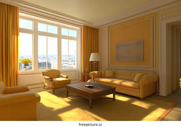 Modern Living Room Interior Design With Yellow Sofa And Chair