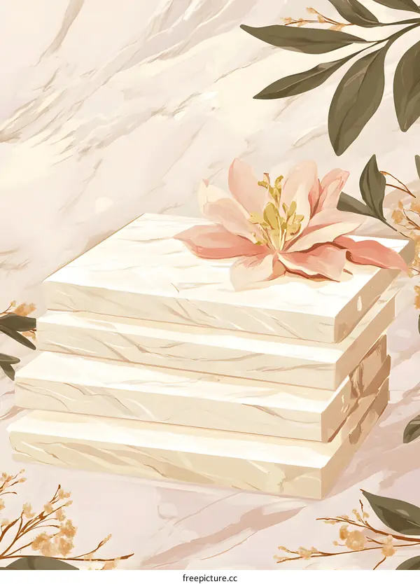 Stack of Marble Platforms with Flower and Leaves
