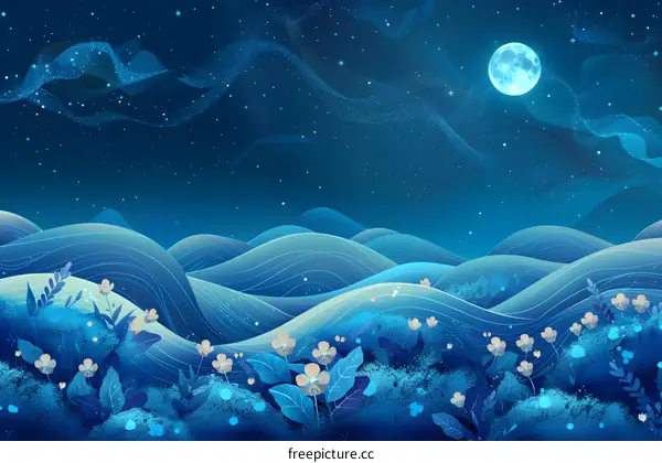 Blue hills and flowers under the night sky