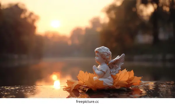 Angel figurine on autumn leaves by the water at sunrise