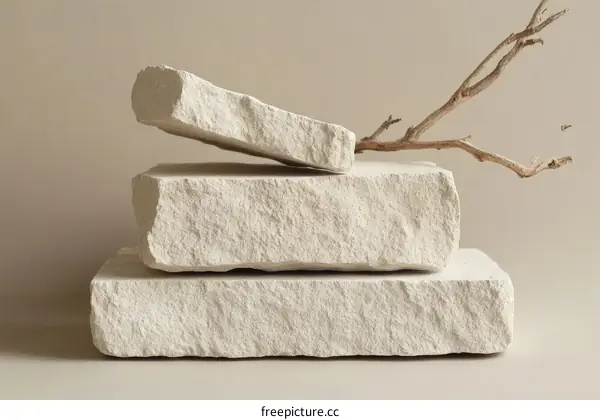 Stack of Beige Stone Blocks with Branch