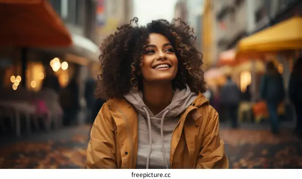 A young woman with curly hair smiles as she walks down a busy street