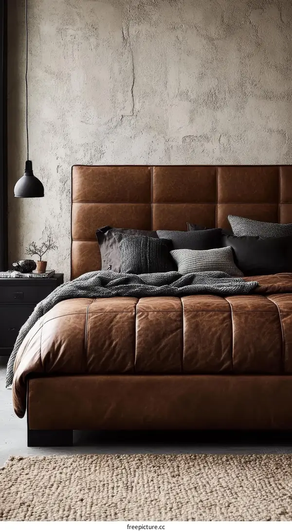 Modern Luxurious Brown Leather Bed in a Stylish Bedroom