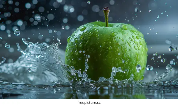 water splash on a green apple